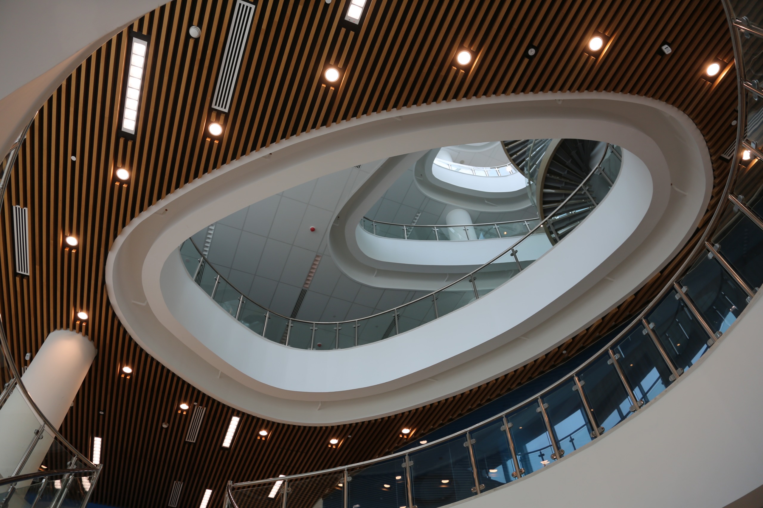 Modern interior atrium with wooden slats
